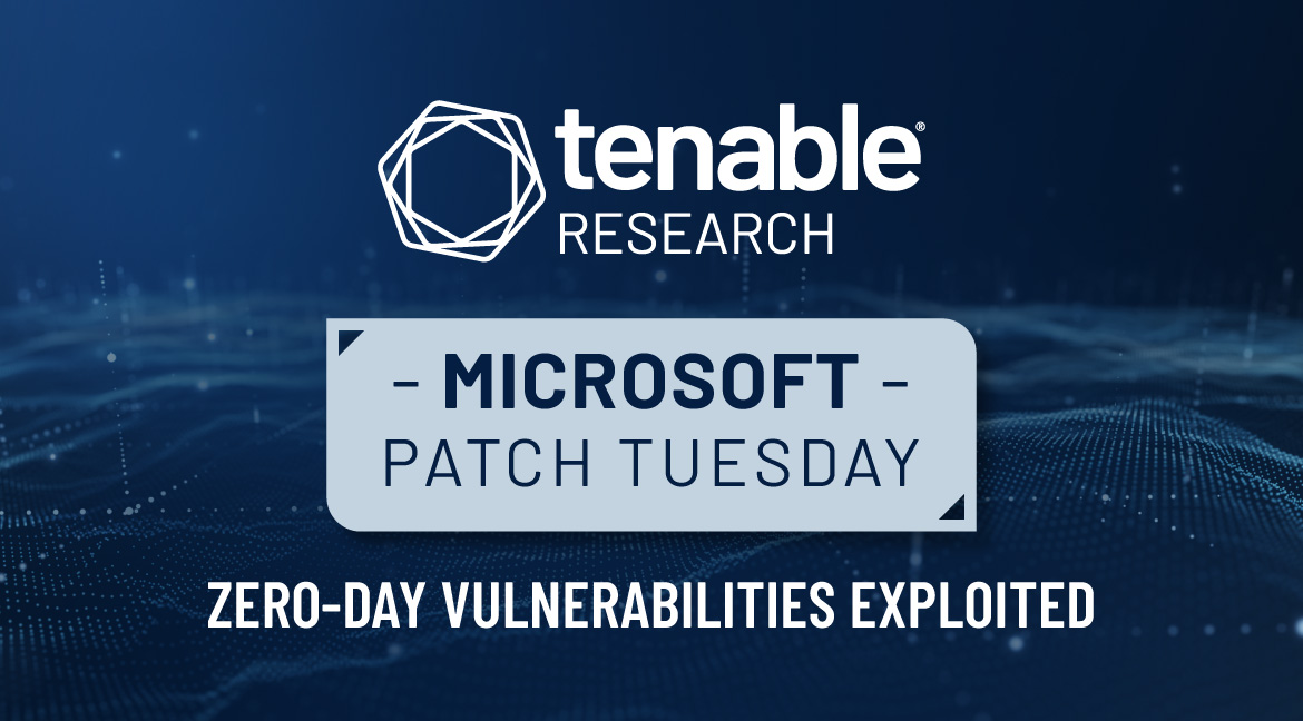 A blue gradient background with the Tenable Research logo at the top center. Underneath is a rectangular shaped box in a blueish-greyish hue with sharp edges at the top left and bottom right. Inside of this box, the word "MICROSOFT" in bold letters is at the top center, with the words "PATCH TUESDAY" in non-bold lettering underneath. Below this box are the words "Zero-Day Vulnerabilities Exploited." This blog is for the March 2025 Patch Tuesday release, which addressed 56 CVEs.