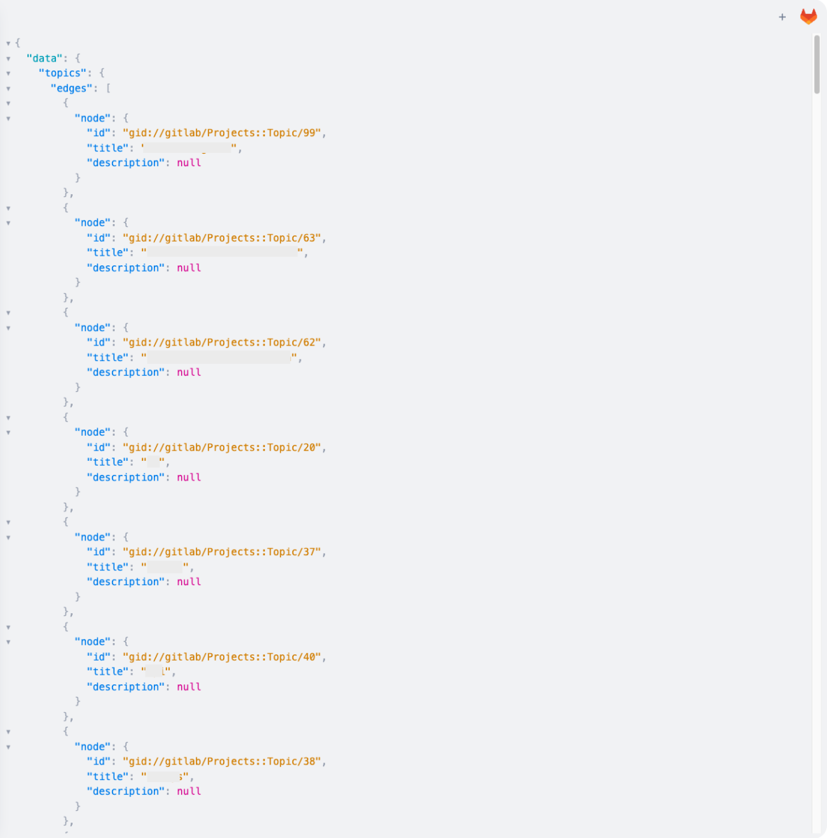 Screenshot of public topics fetched via the GitLab GraphQL API